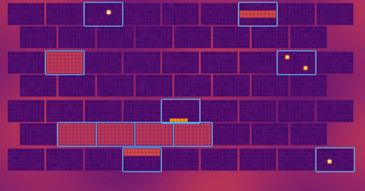 Illustration of a PV array seen in infrared. Among normal purple modules, a single bright cell, a module with a warm band across one third, and a row of four uniformly warm modules are outlined in light blue