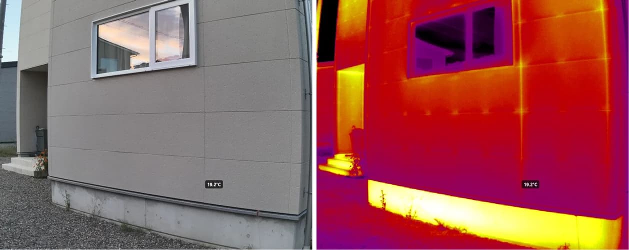 The same facade in visible light and infrared. In the thermal image only the window looks extremely cold, because it reflects its surroundings