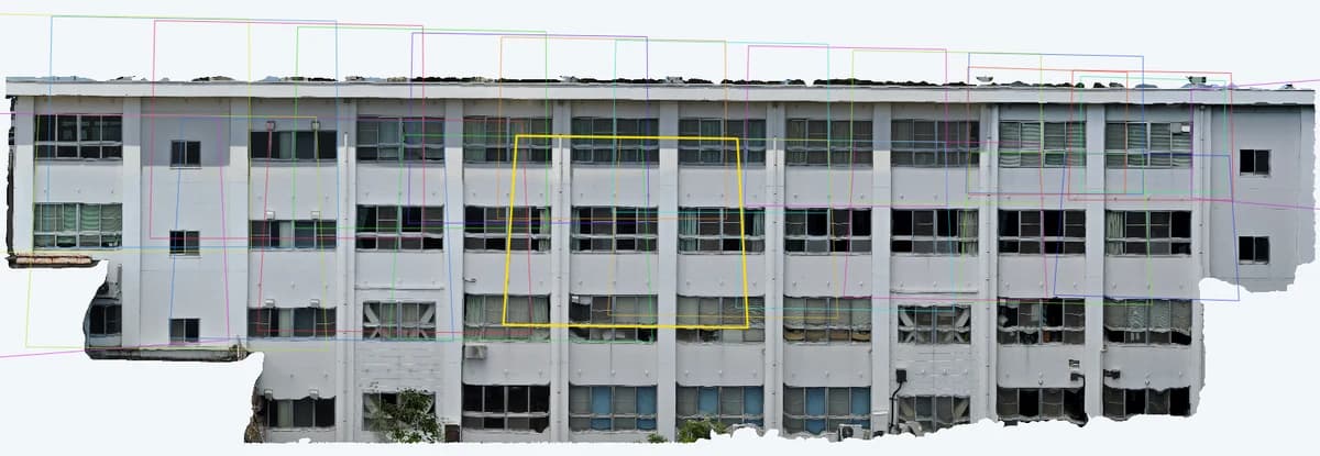 A school building facade orthophoto with the footprint of each photo drawn as a colored frame. Neighboring frames overlap moderately; the yellow frame is the selected photo