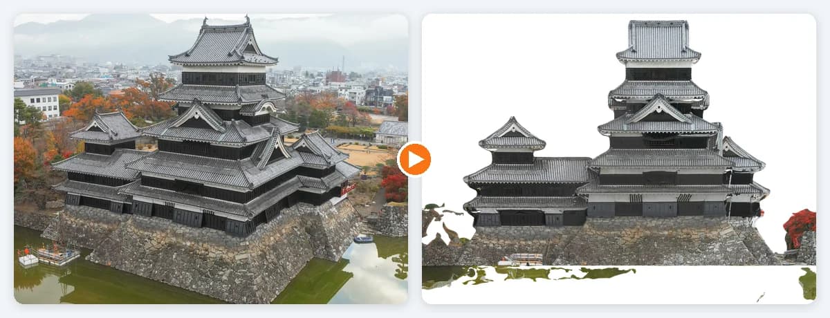 Left: a drone photo of Matsumoto Castle taken at an angle. Right: an orthophoto of the same face seen straight on