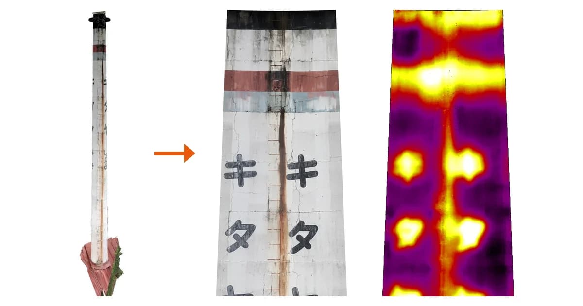 A chimney's 3D model (left) and its visible and infrared unwrapped images (right)