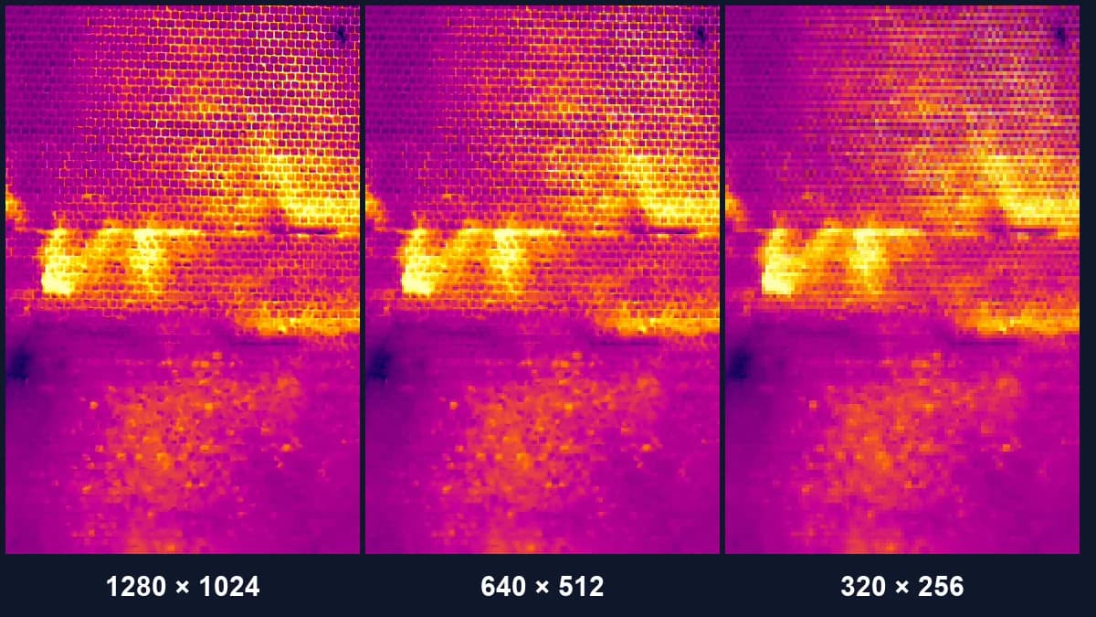 The same thermal image shown at 1280×1024, 640×512 and 320×256. At 1280×1024 the joints of individual tiles are visible; at 320×256 the tiles disappear