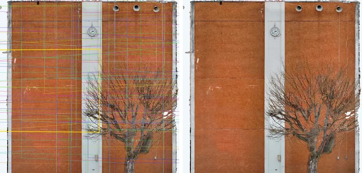 A tiled wall orthophoto with photo footprints drawn as frames, densely overlapping