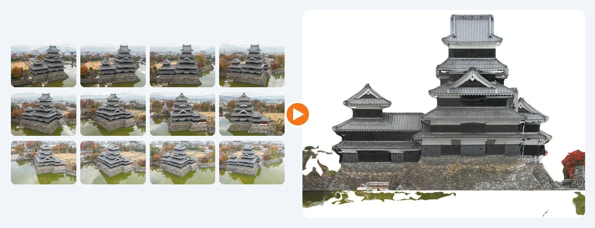 A selection of photos of Matsumoto Castle taken from many angles, and the single orthophoto built from them