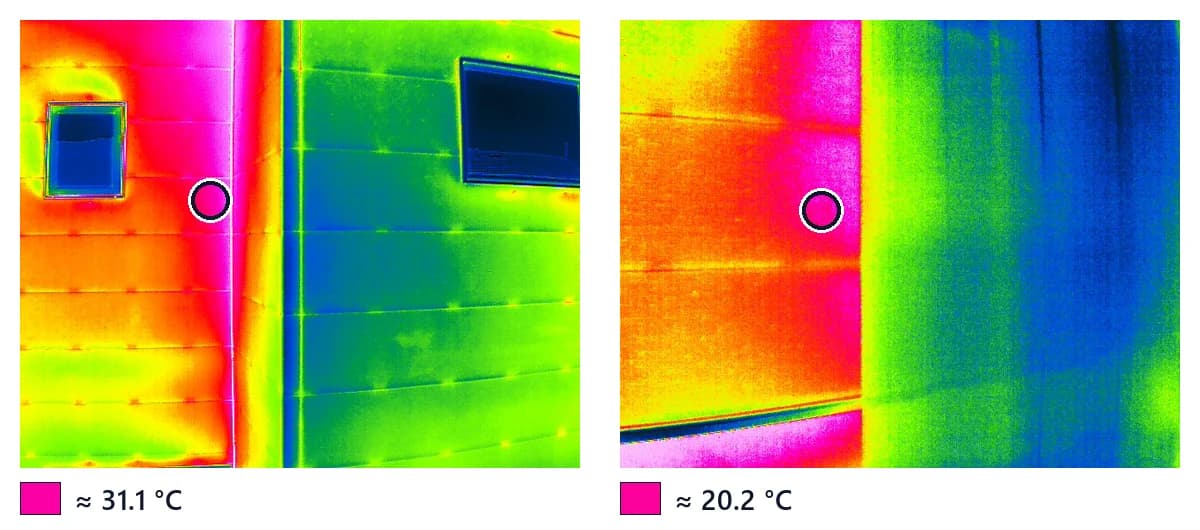 Two thermal images captured with the same palette. The circled spots are the same pink, but one is about 31 °C and the other about 20 °C — roughly 11 °C apart