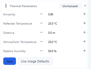 CRITIR's Thermal Parameters panel with fields for emissivity, reflected temperature, distance, atmospheric temperature and relative humidity