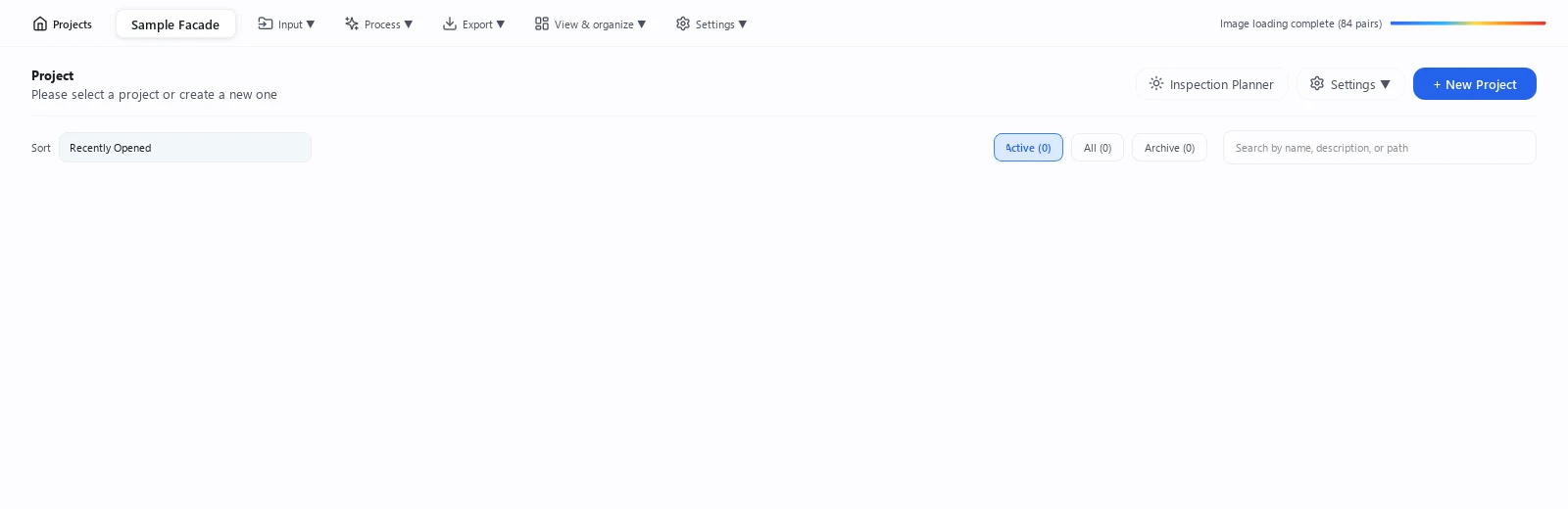 Project list screen (first launch)