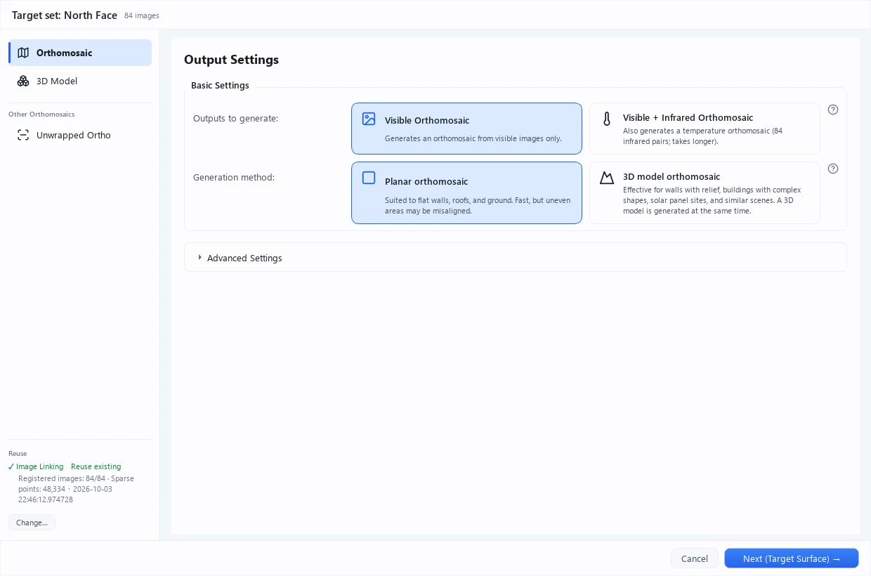 Output settings of the generation wizard
