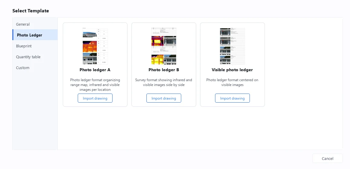 Template selection screen