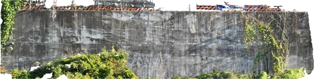 Facade orthophoto of a long retaining wall