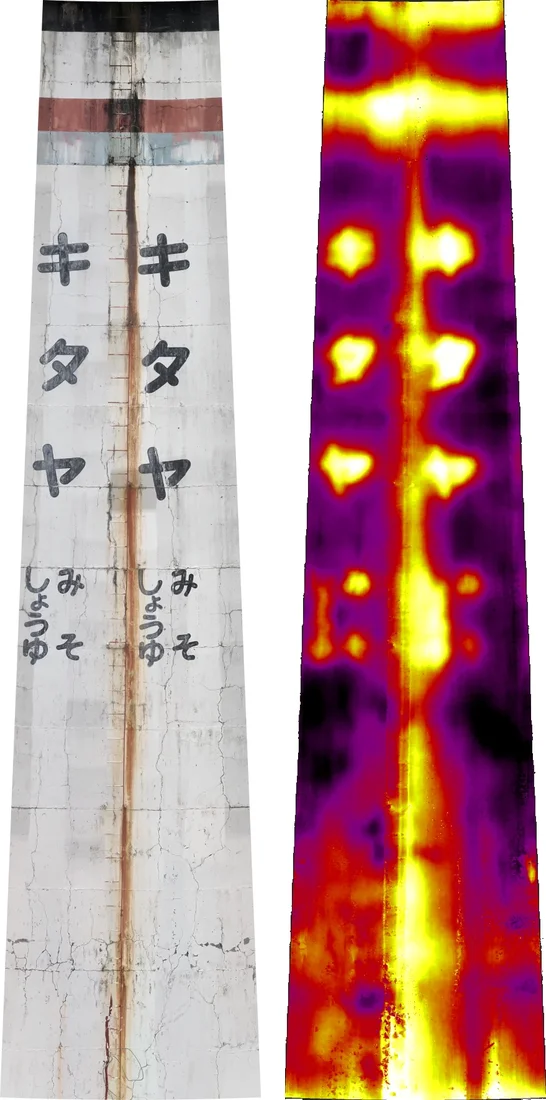 Visible (left) and infrared (right) unwraps of the whole circumference of a chimney